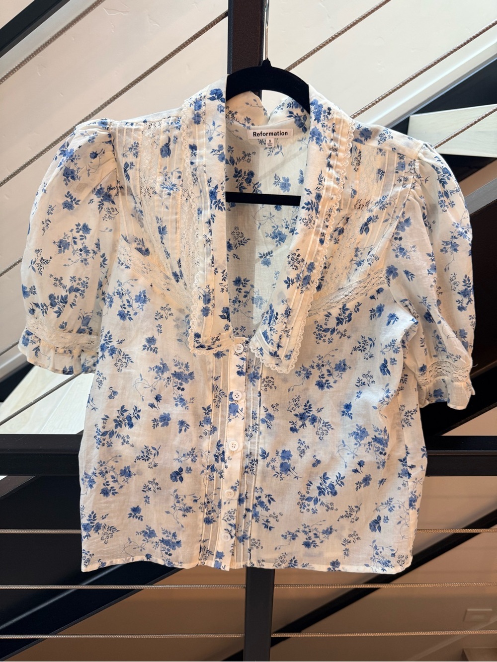 Reformation Cream and Blue Floral Lace-Trim Puff Sleeve Blouse